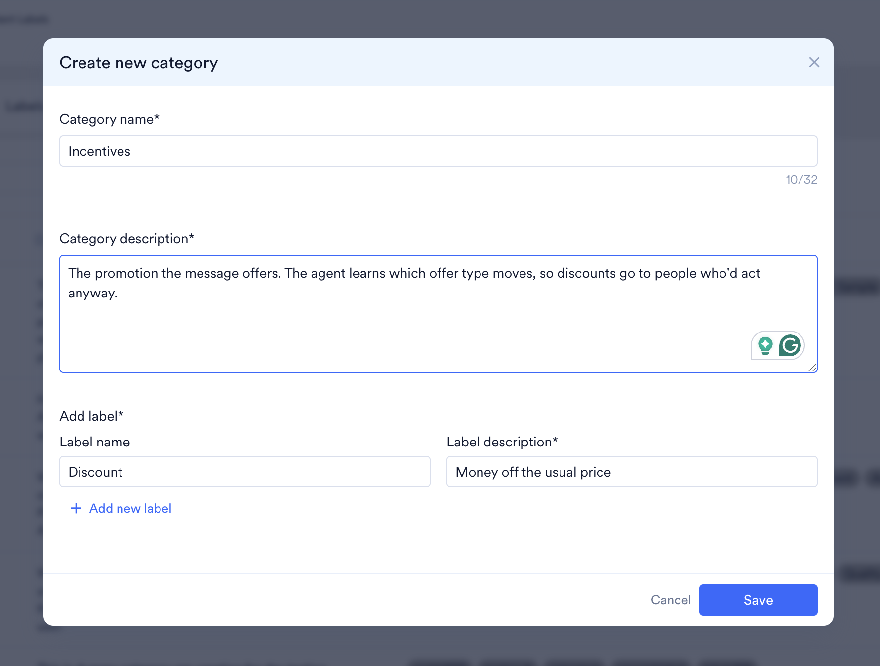 The Create new category dialog box with fields for category name, category description, and labels.