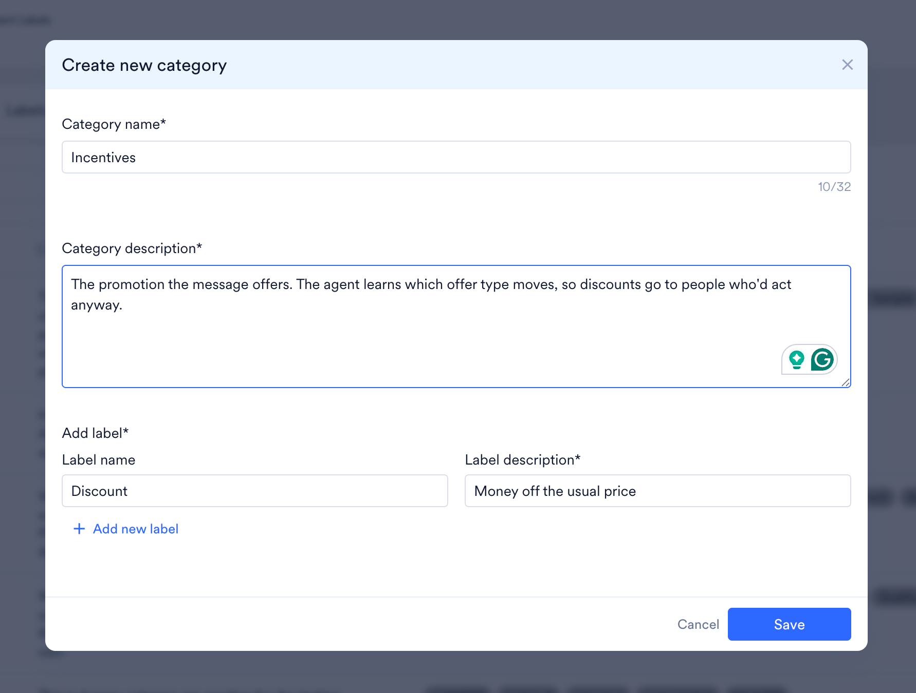 The Create new category dialog box with fields for category name, category description, and labels.