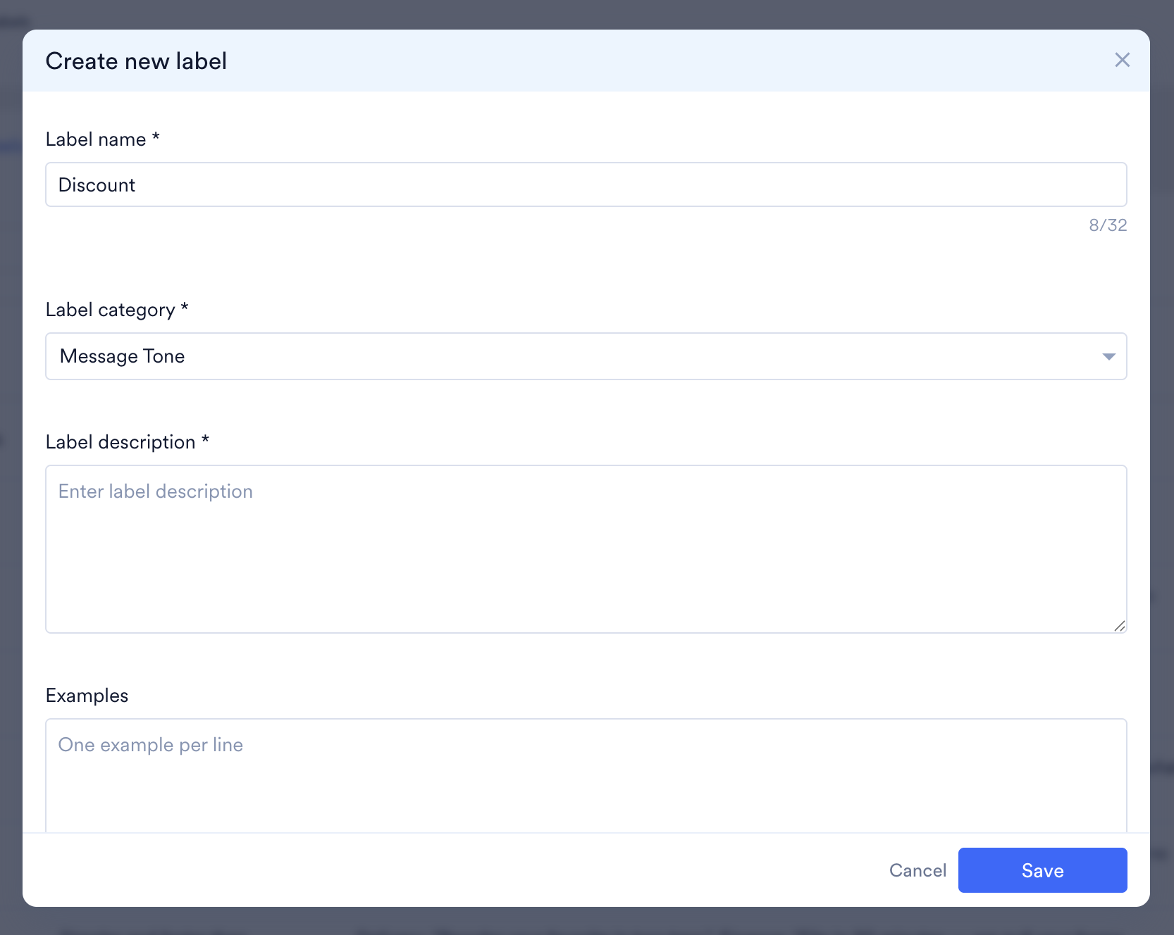 The Create new label dialog box with label name, category, description, examples, and weight fields.