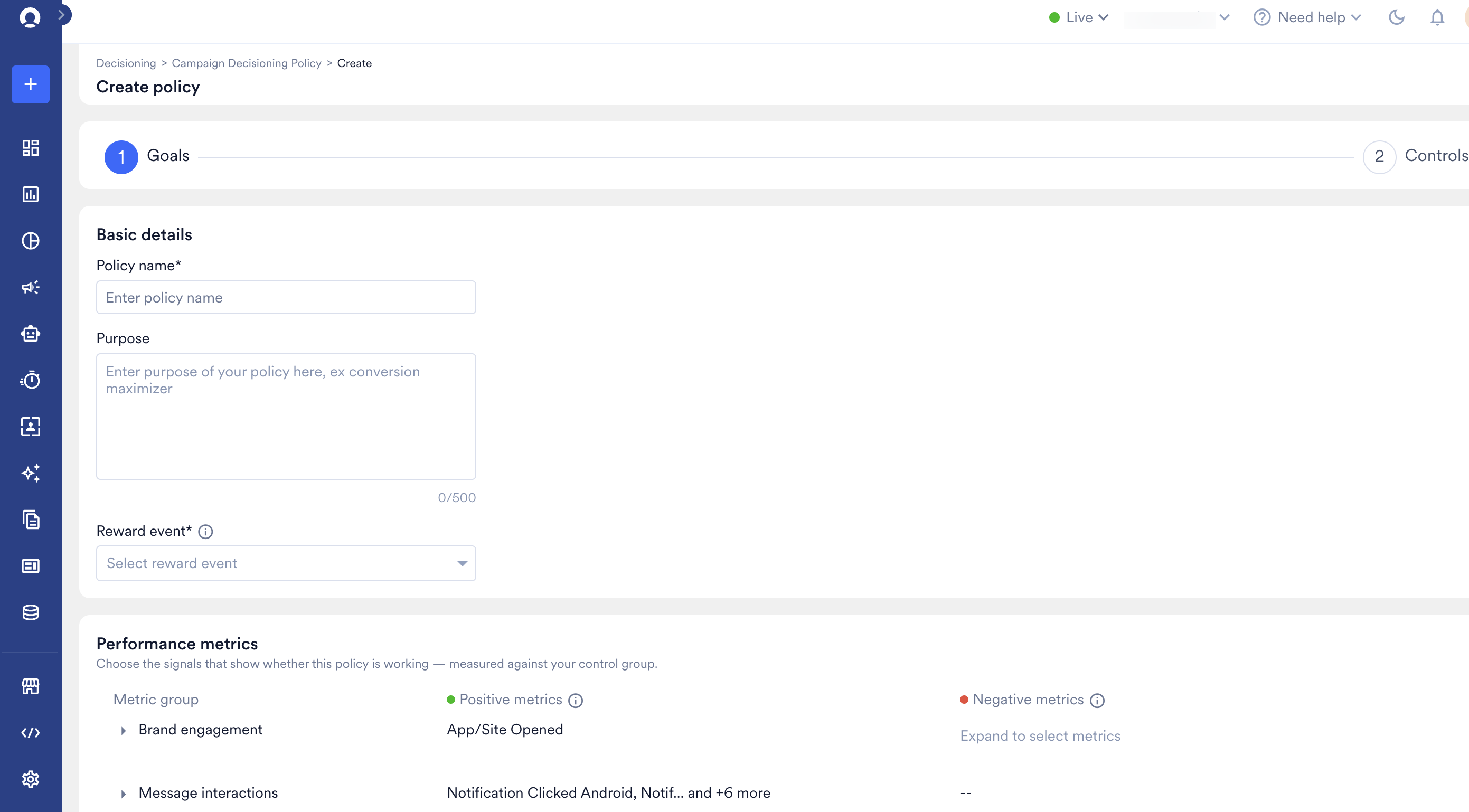 The Create policy Goals step showing Basic details and the Performance metrics section.