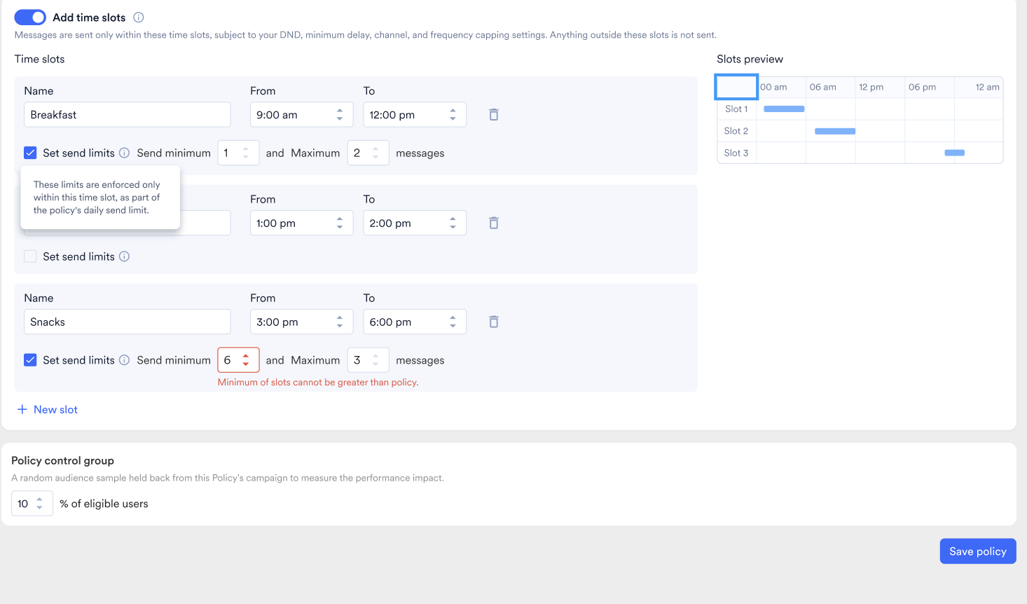 Time slots configuration with per-slot send limits and a 24-hour slots preview.