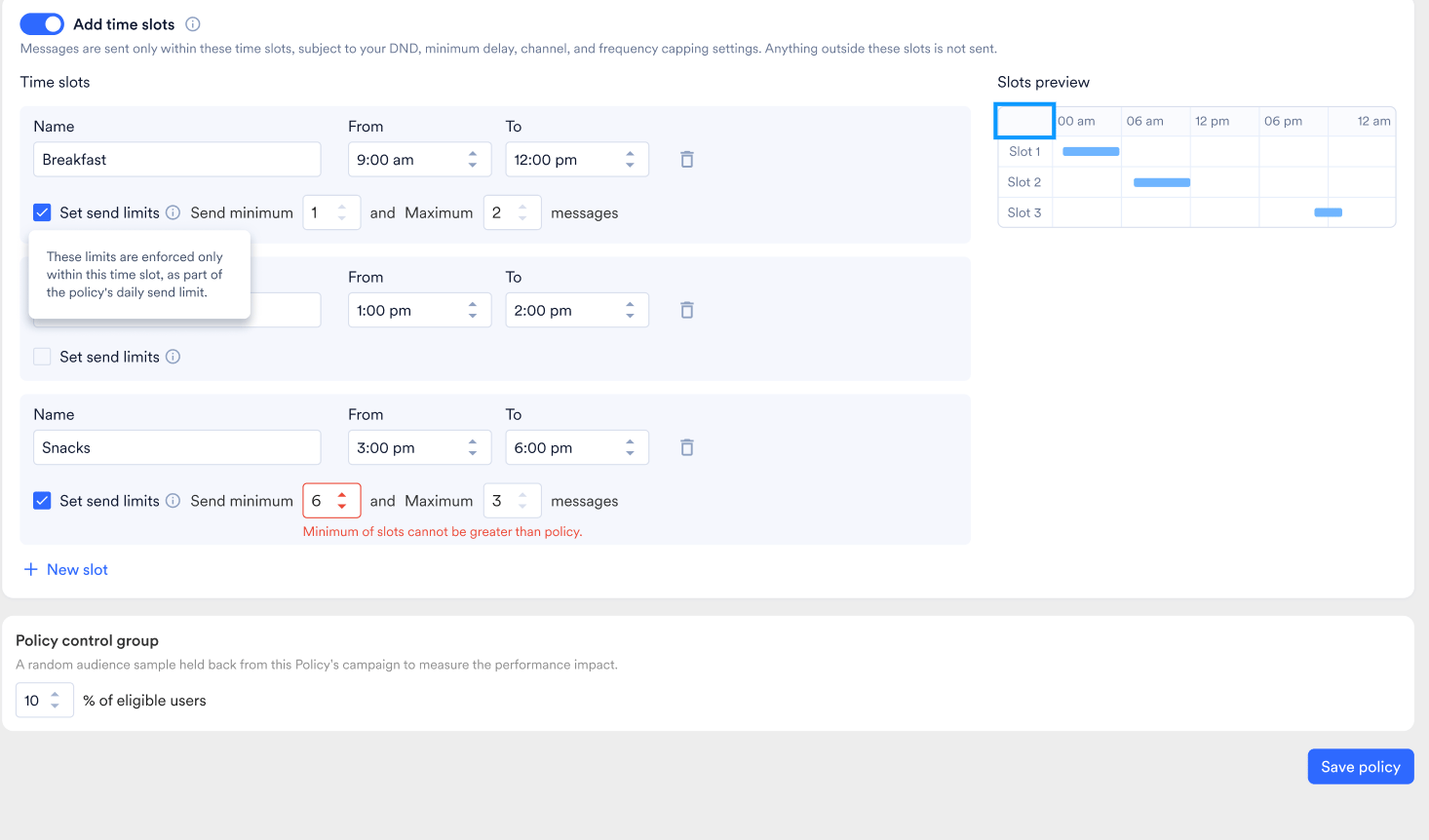 Time slots configuration with per-slot send limits and a 24-hour slots preview.