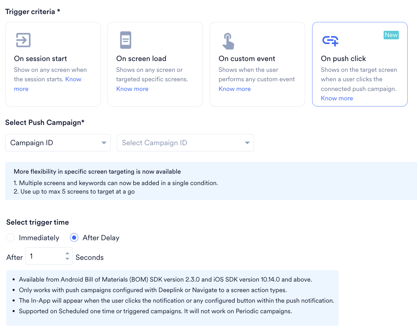 The On push click trigger card selected, with the Select Push Campaign and Select trigger time options below it.