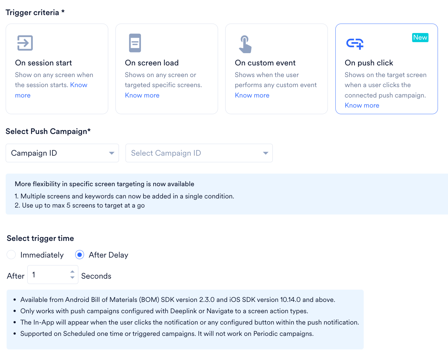 The On push click trigger card selected, with the Select Push Campaign and Select trigger time options below it.