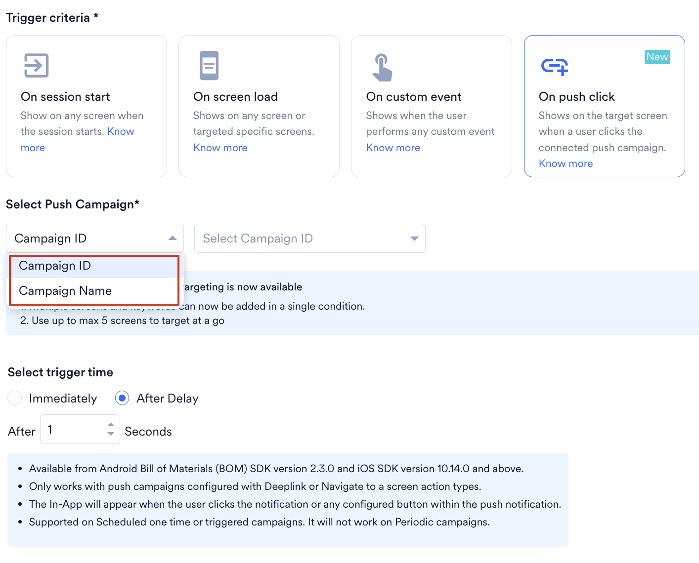 The Select Push Campaign drop-down showing the Campaign name and Campaign ID filter options.
