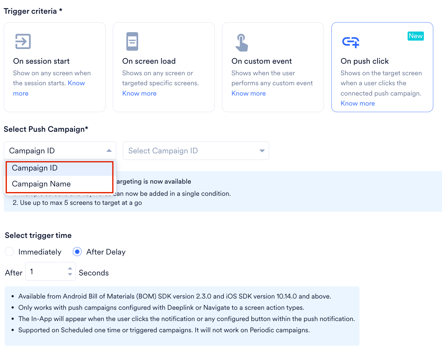 The Select Push Campaign drop-down showing the Campaign name and Campaign ID filter options.
