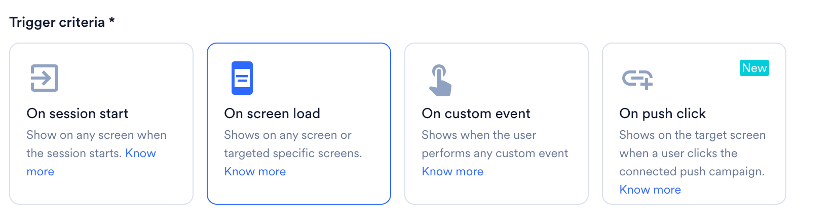 The Trigger criteria cards with On screen load selected.