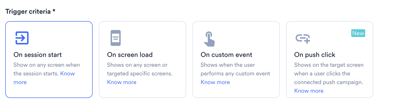 The Trigger criteria cards with On session start selected.