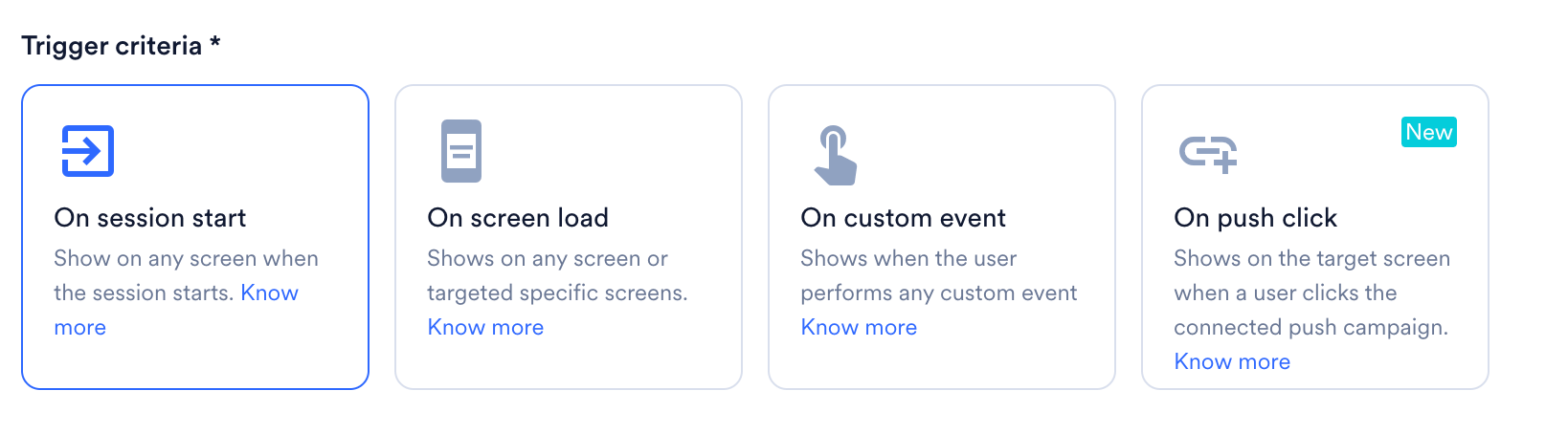 The Trigger criteria cards with On session start selected.