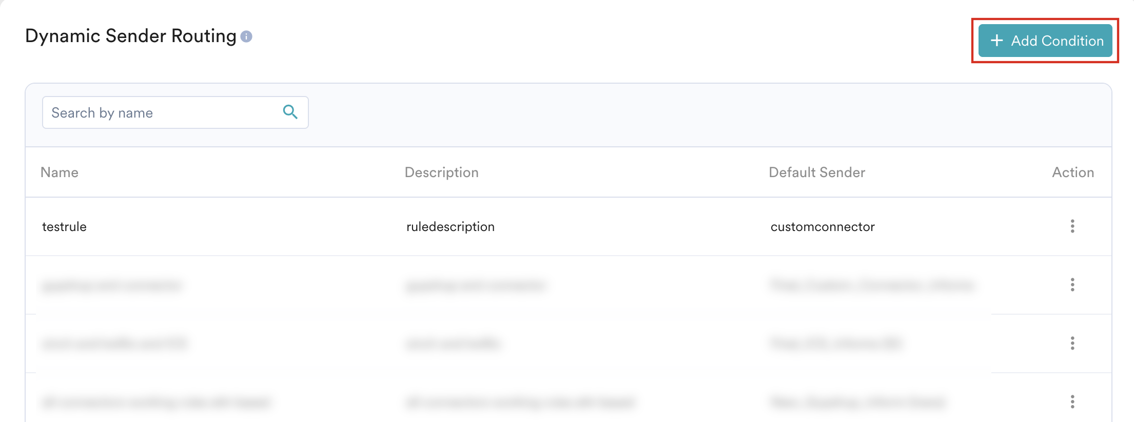 Dynamic Sender Routing page with the Add Condition button highlighted