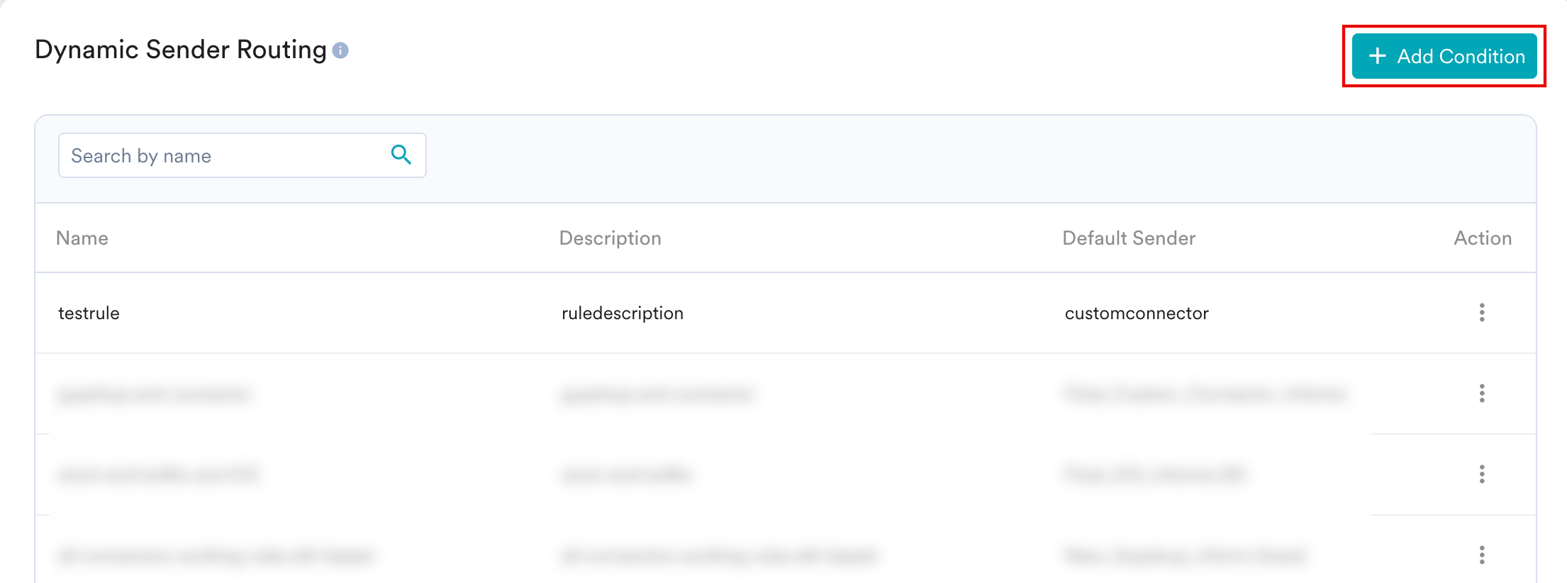 Dynamic Sender Routing page with the Add Condition button highlighted