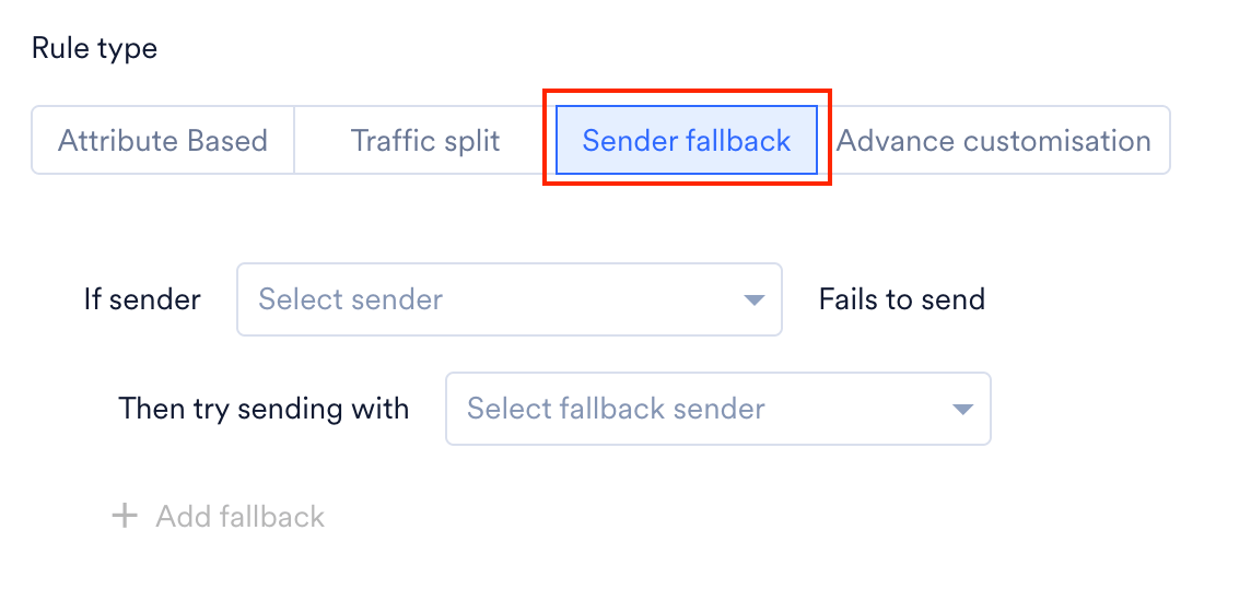 Sender fallback rule type with primary and fallback sender fields