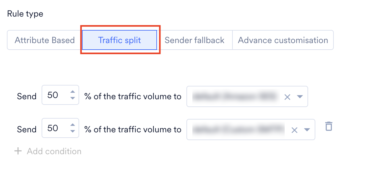 Traffic split rule type with two senders each set to 50 percent of traffic volume
