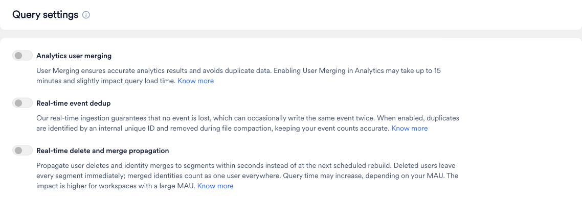 Query settings page with the Analytics user merging, Real-time event dedup, and Real-time delete and merge propagation toggles
