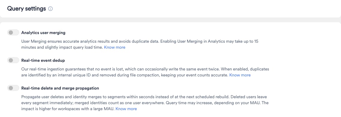 Query settings page with the Analytics user merging, Real-time event dedup, and Real-time delete and merge propagation toggles