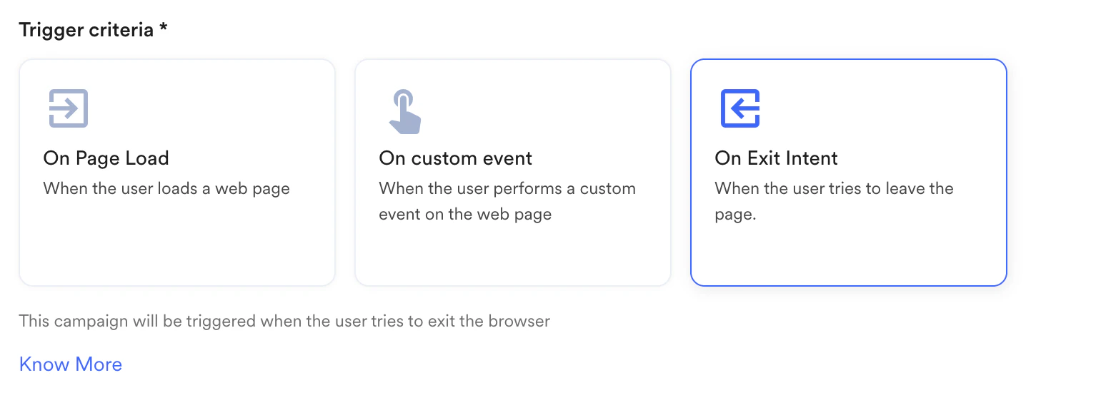 Screenshot showing On Exit Intent selected in Trigger criteria section.