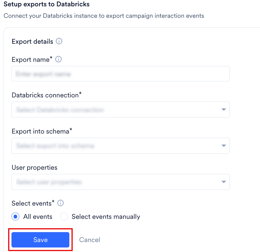 Setup exports to Databricks form showing the export name, Databricks connection, export into schema, user properties, and event selection fields, with the Save button highlighted