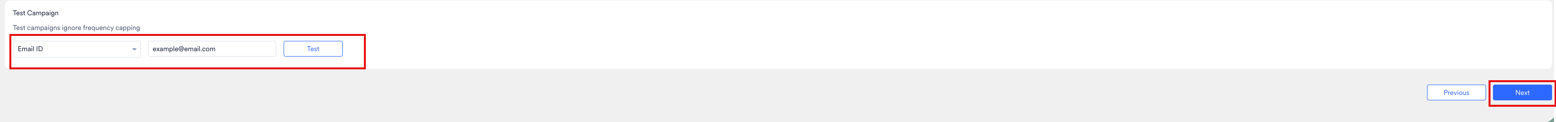 Test Campaign section showing the identifier type dropdown, identifier field, and Test button