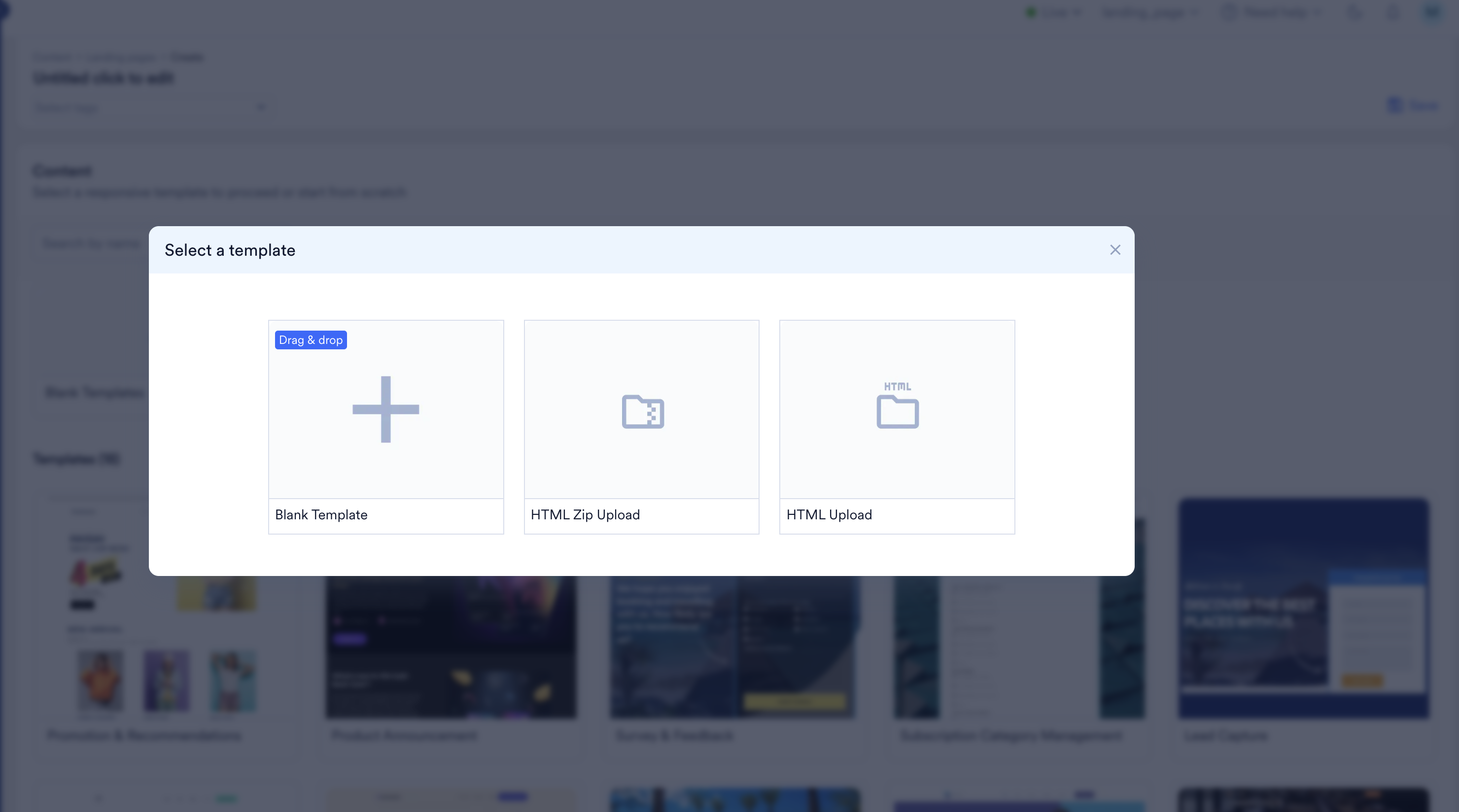 Select a template dialog showing Blank Template, HTML Zip Upload, and HTML Upload options.
