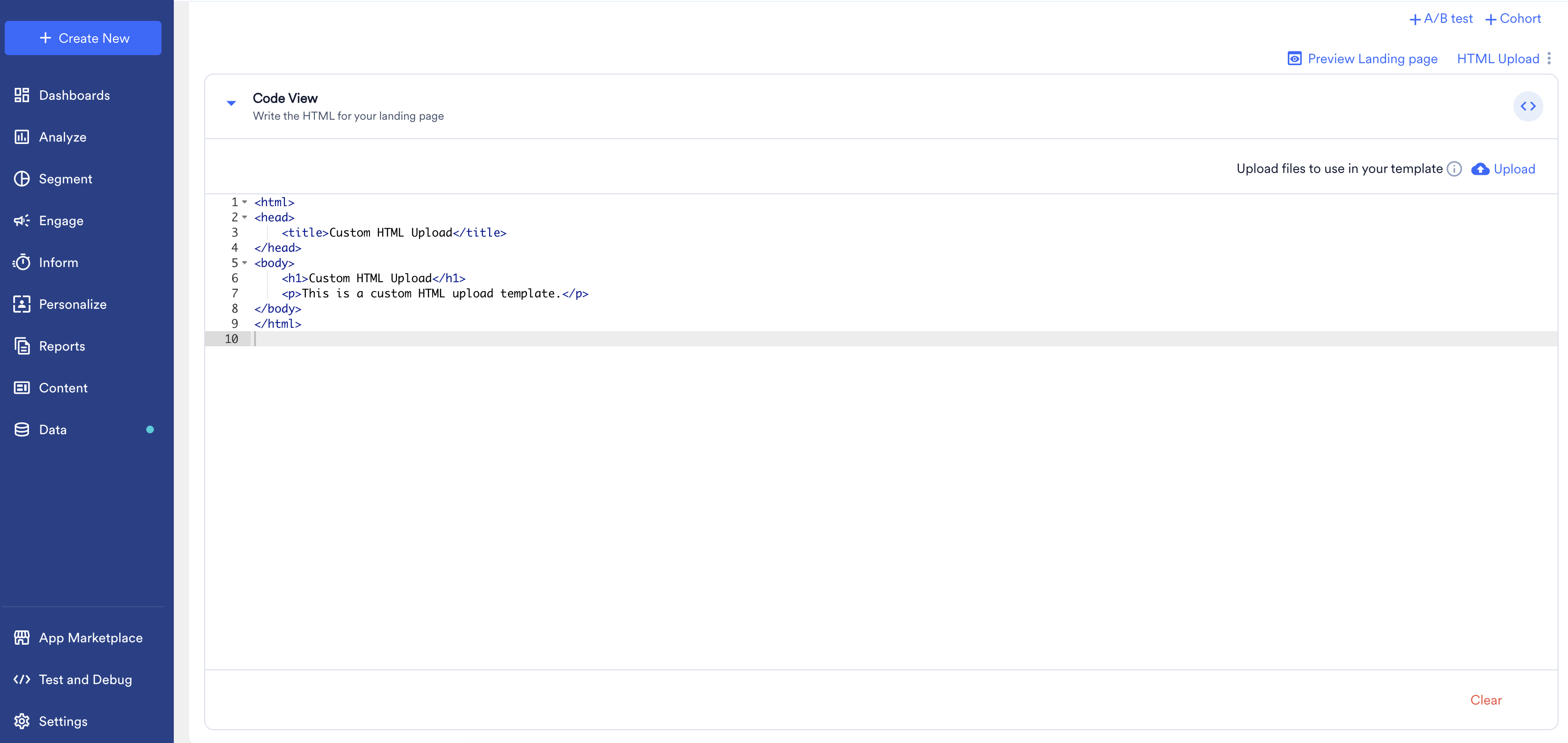 Code View editor for HTML Upload, showing the HTML source and the option to upload files used in the template.