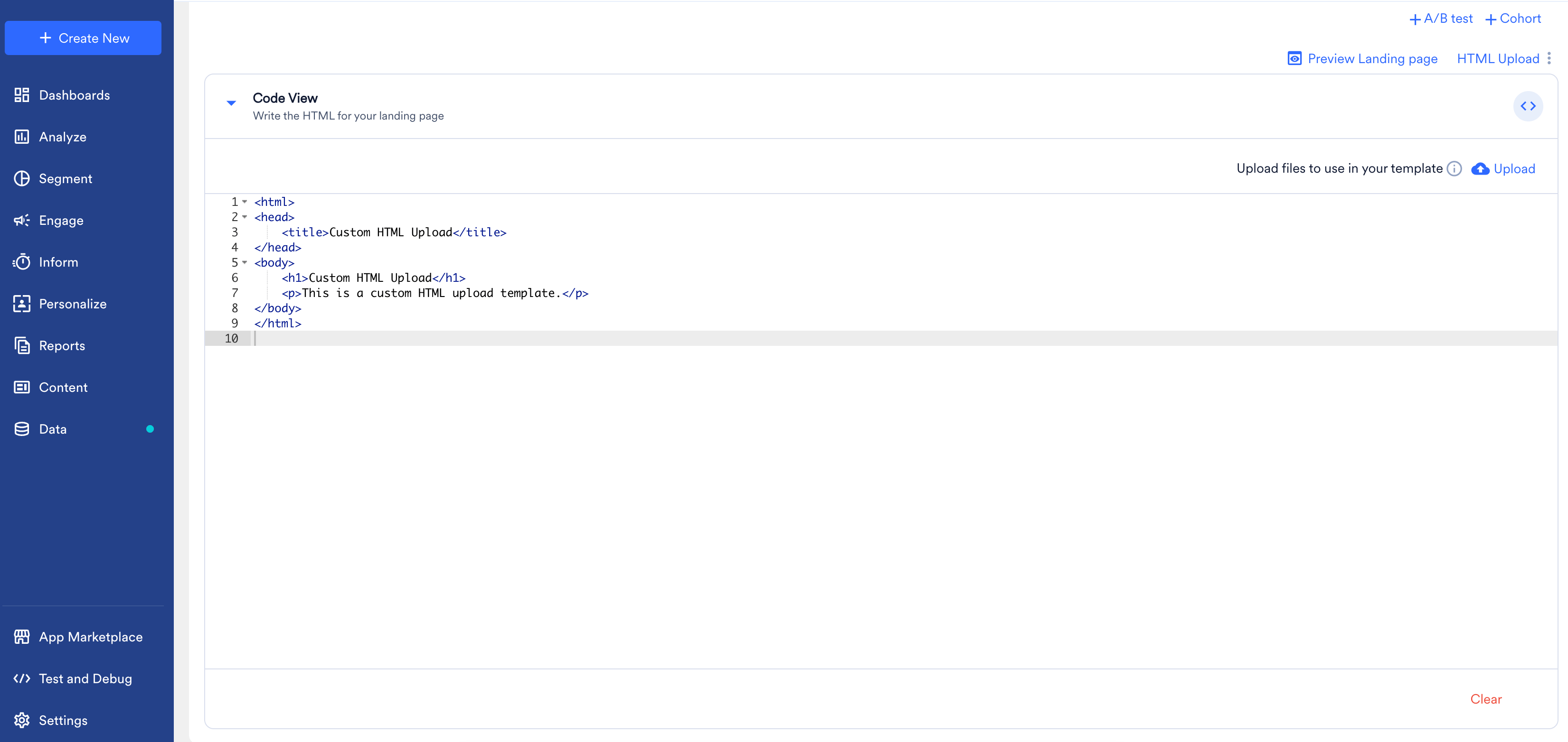Code View editor for HTML Upload, showing the HTML source and the option to upload files used in the template.