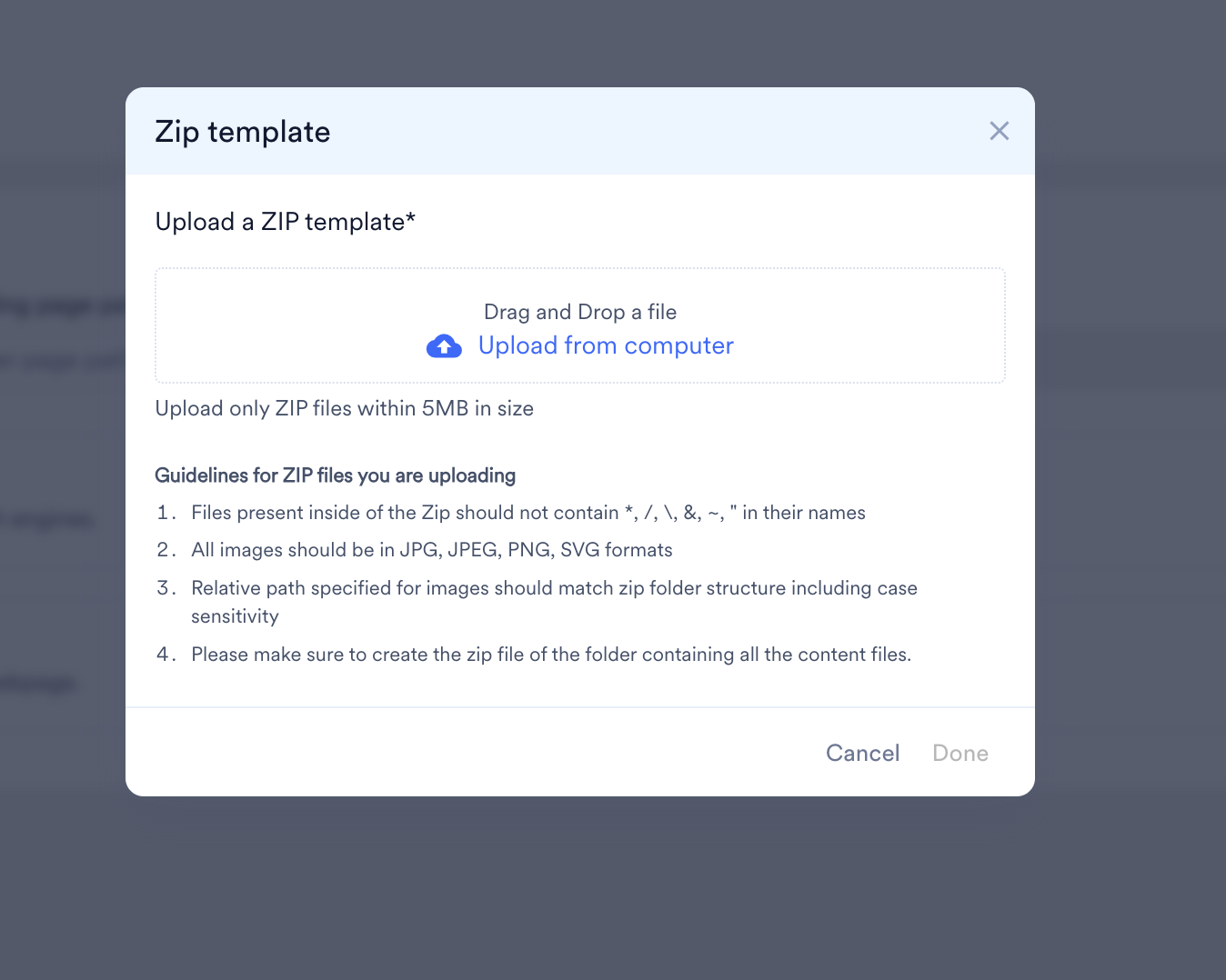 Zip template dialog for uploading an HTML ZIP file, with size limit and file guidelines.