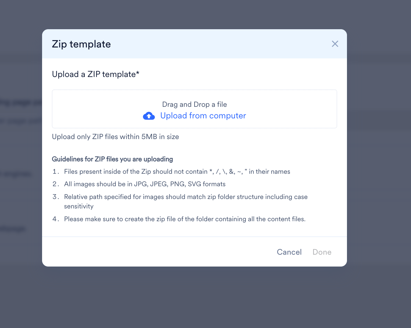 Zip template dialog for uploading an HTML ZIP file, with size limit and file guidelines.