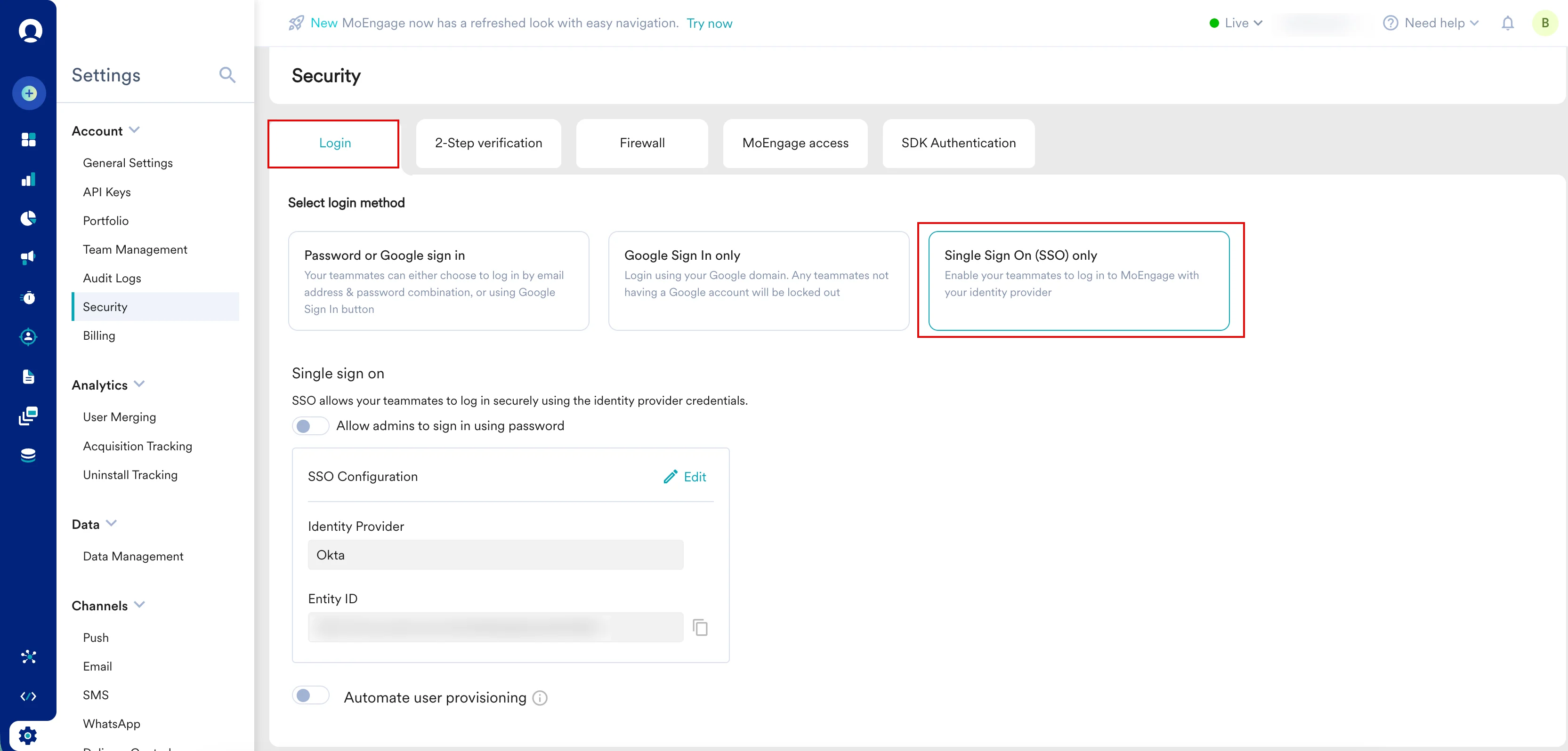 Automate user provisioning section in the Security Login settings