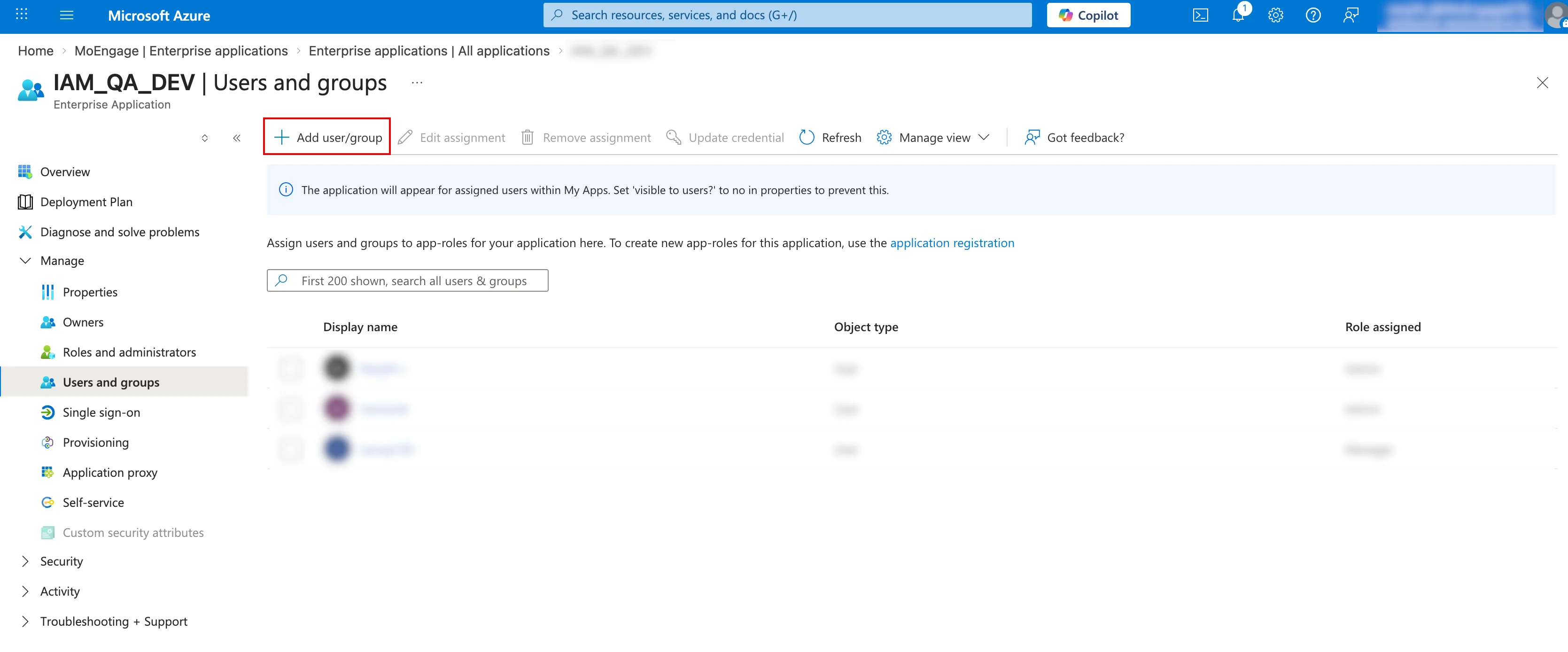 Users and groups page with the Add user/group option