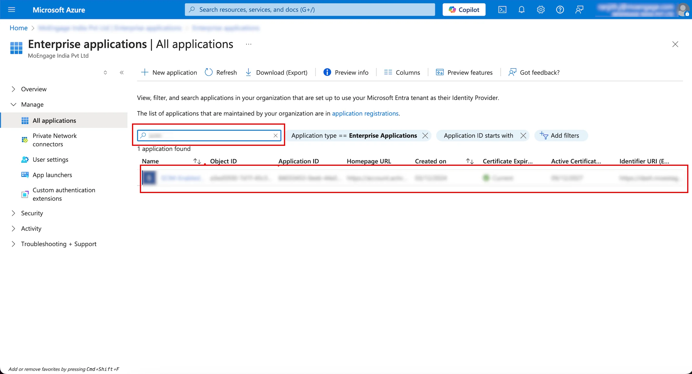Enterprise applications All applications page with an application selected