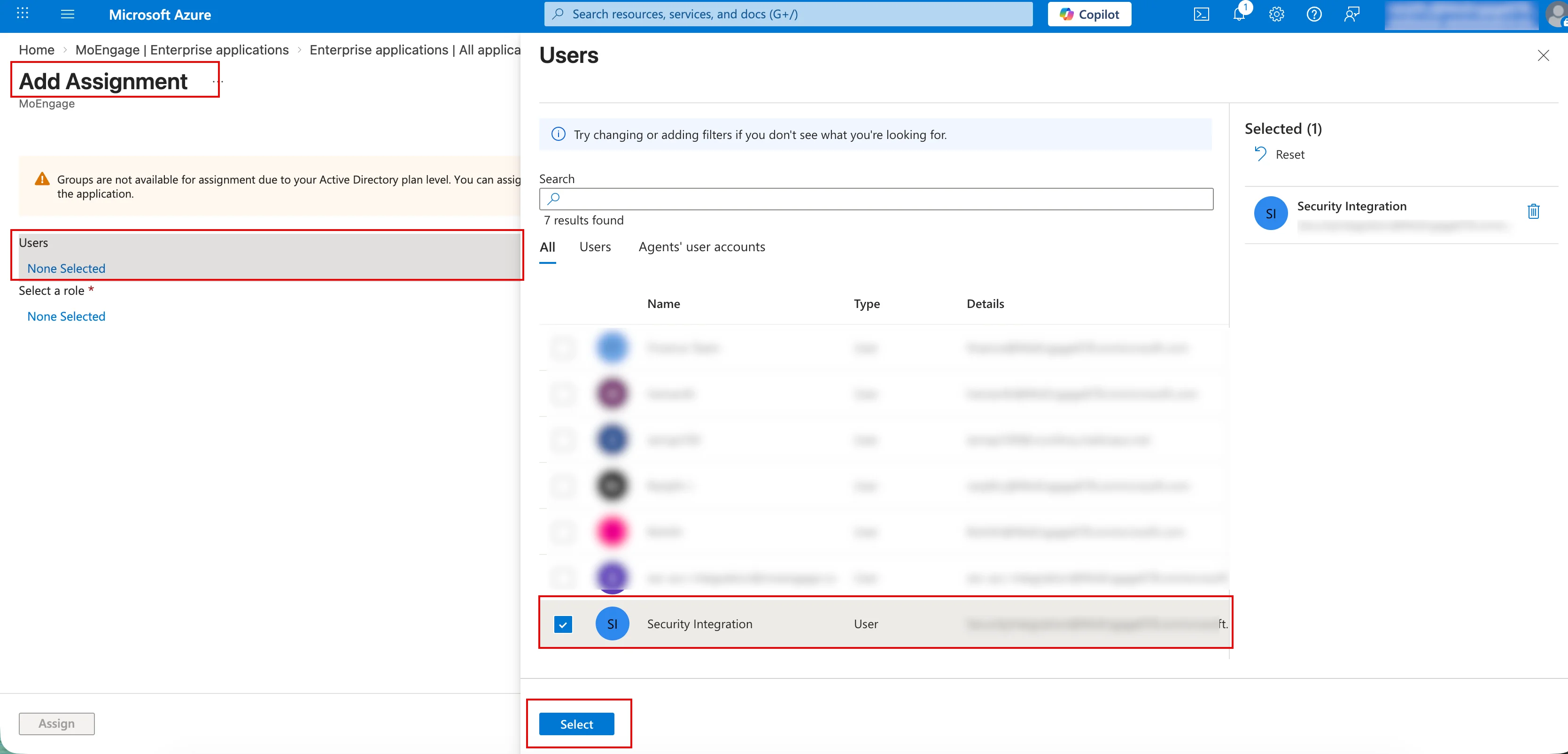 Users dialog box pane with a user selected