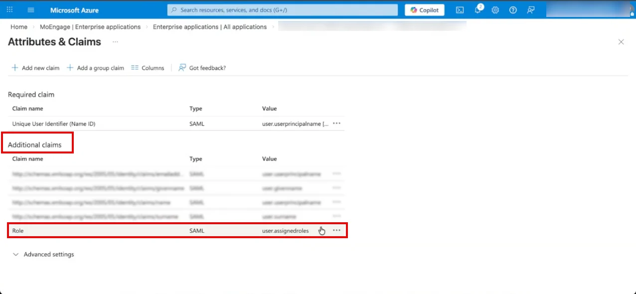 Attributes and Claims page showing the Role claim in the Additional claims list