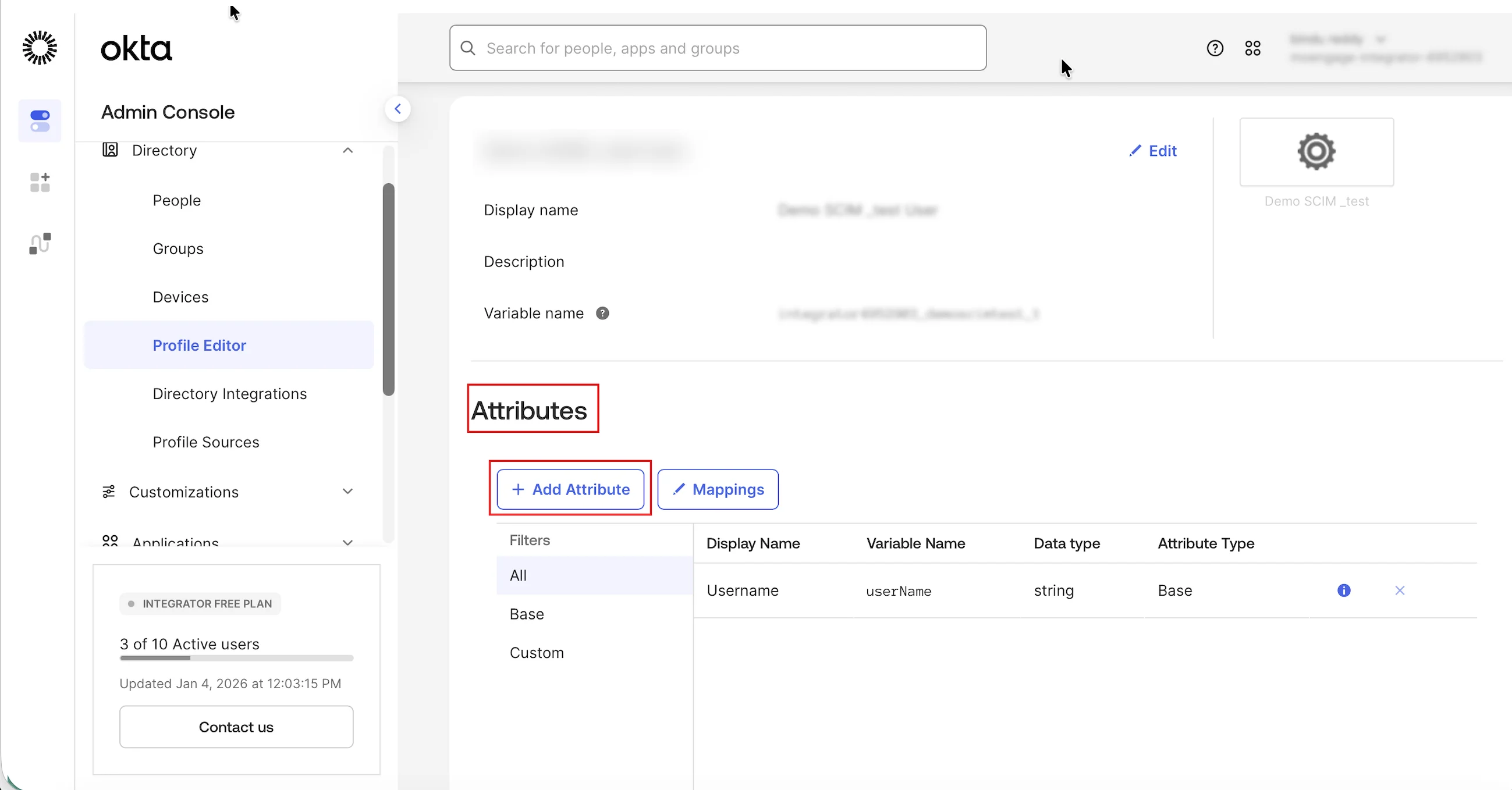 Okta Profile Editor with the Add Attribute button