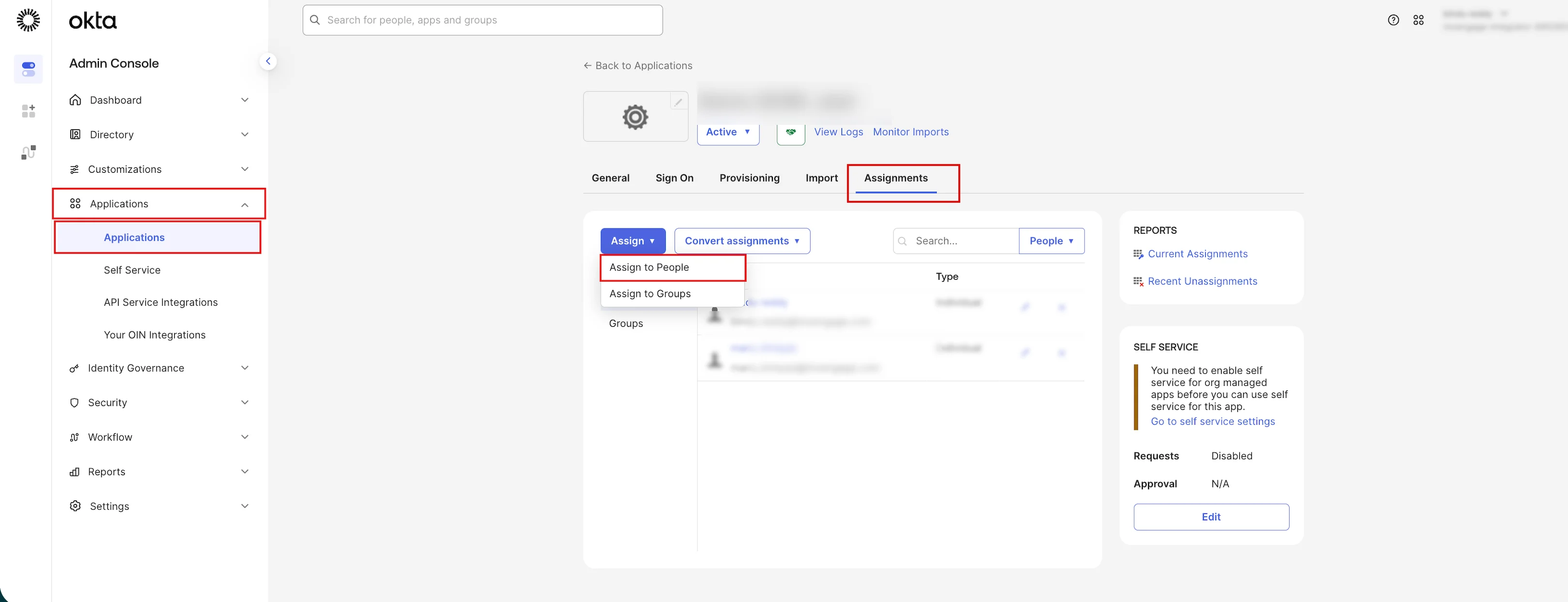Okta Assignments tab with the Assign to People option