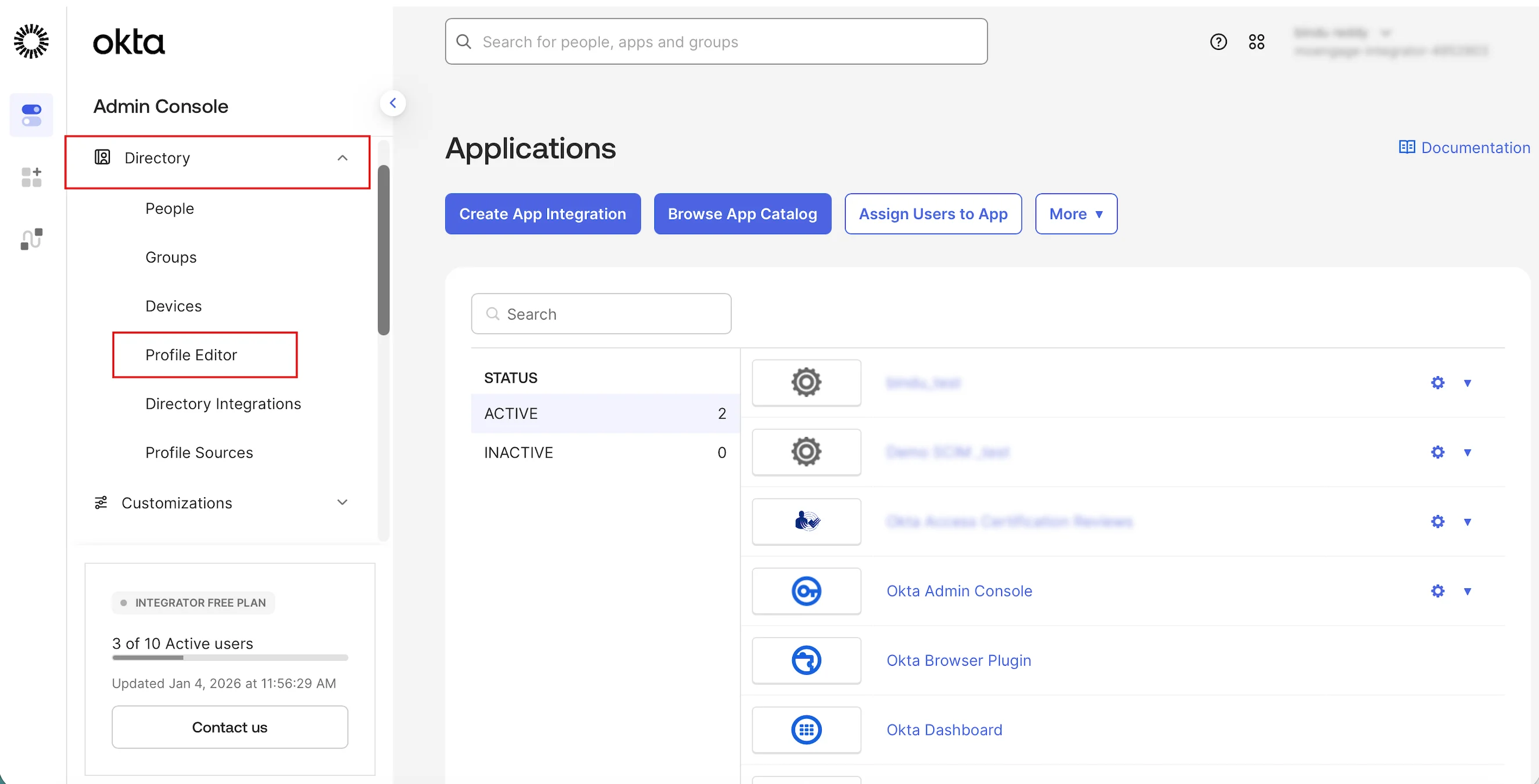 Okta left navigation menu with Directory and Profile Editor