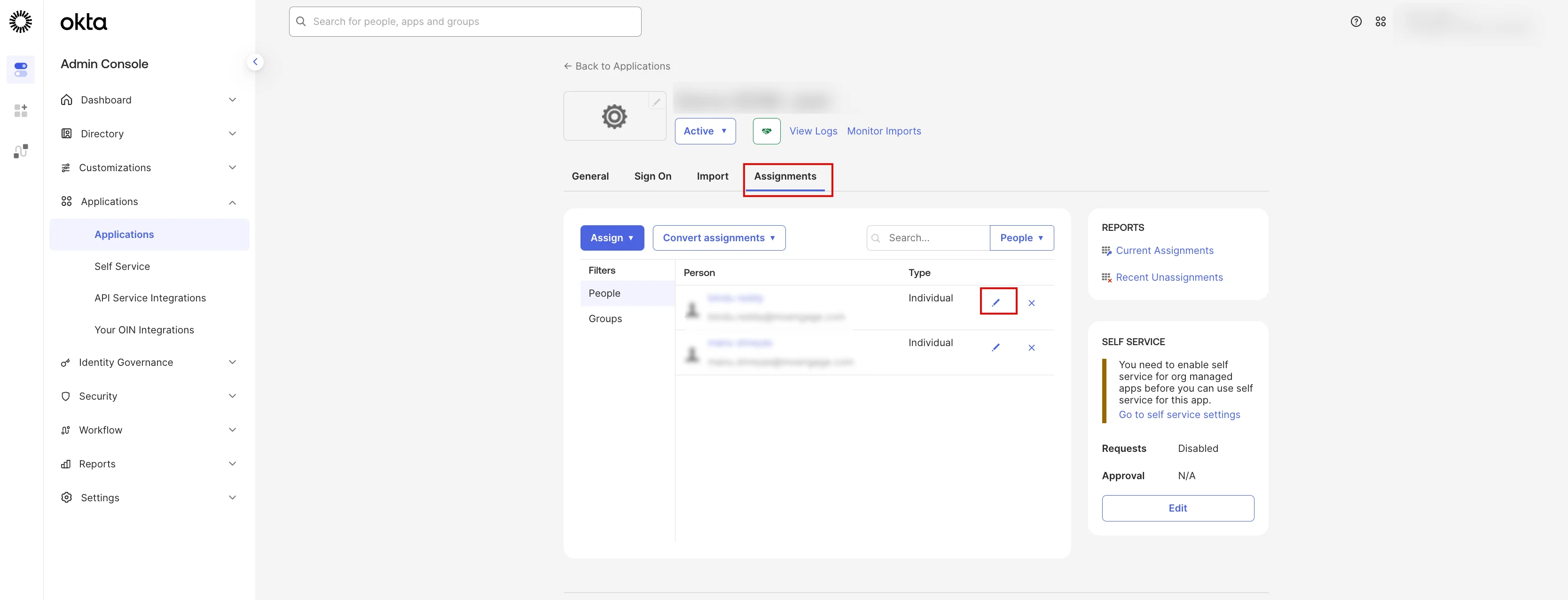 Okta Assignments tab with the edited user role