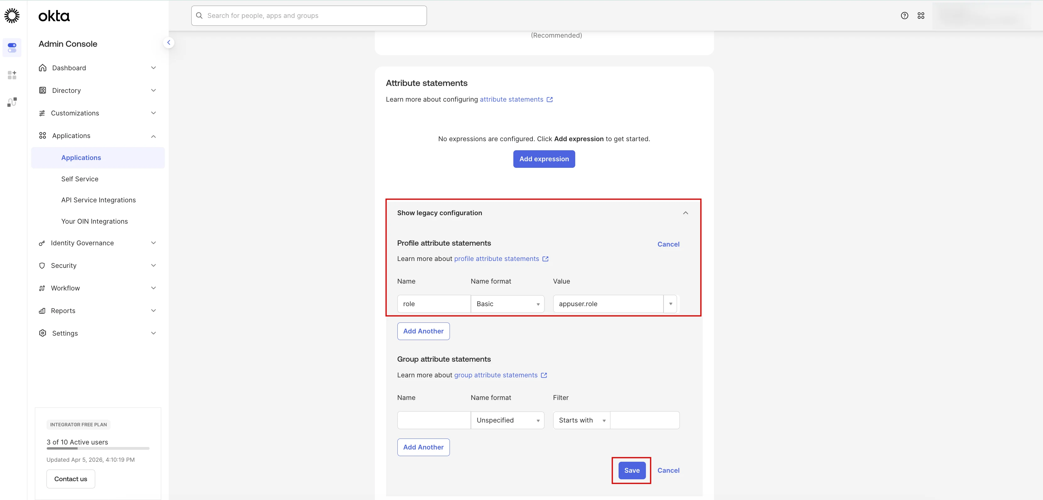 Okta Sign On tab with the saved attribute statement