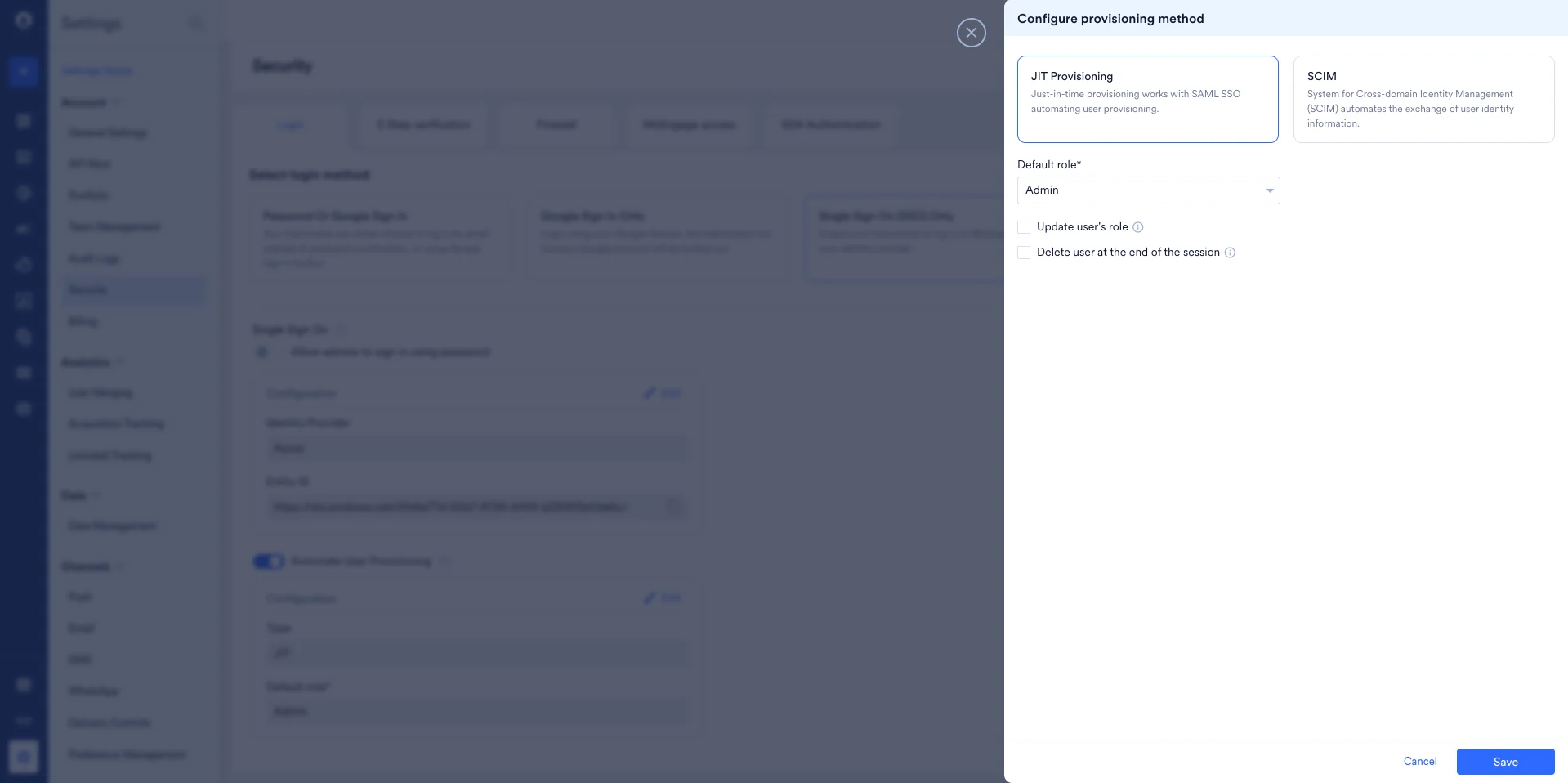 Configure provisioning method dialog with JIT Provisioning selected