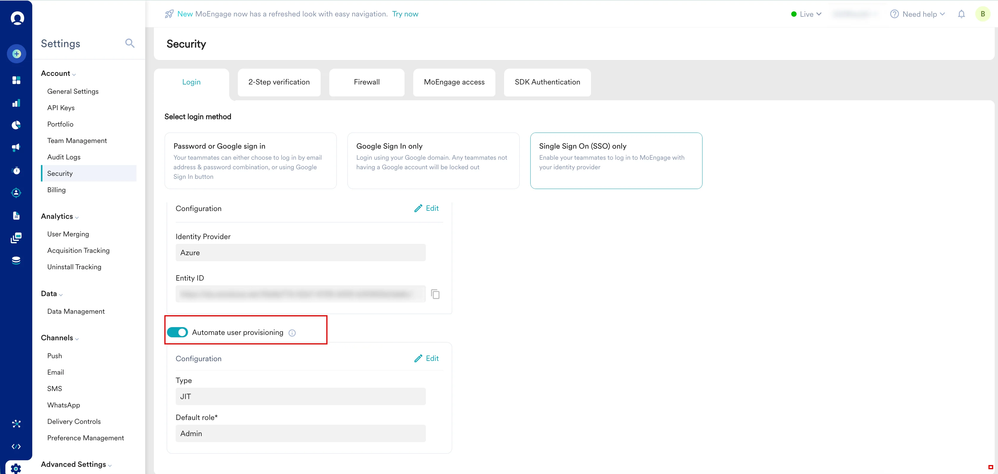 Automate user provisioning toggle turned off