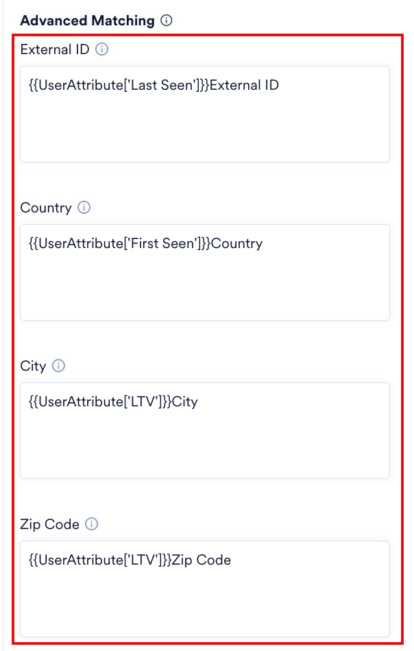 External ID、Country、City、Zip Codeボックスを示すAdvanced Matchingセクション