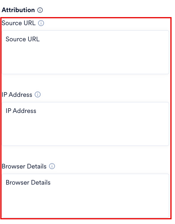 Source URL、IP Address、Browser Detailsボックスを示すAttributionセクション