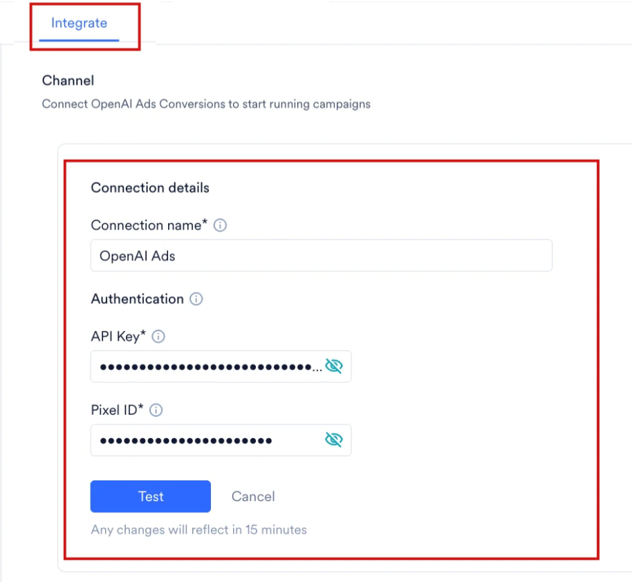 IntegrateタブのConnection details フォーム。Connection name、API Key、Pixel IDフィールドとTestボタンが表示されています
