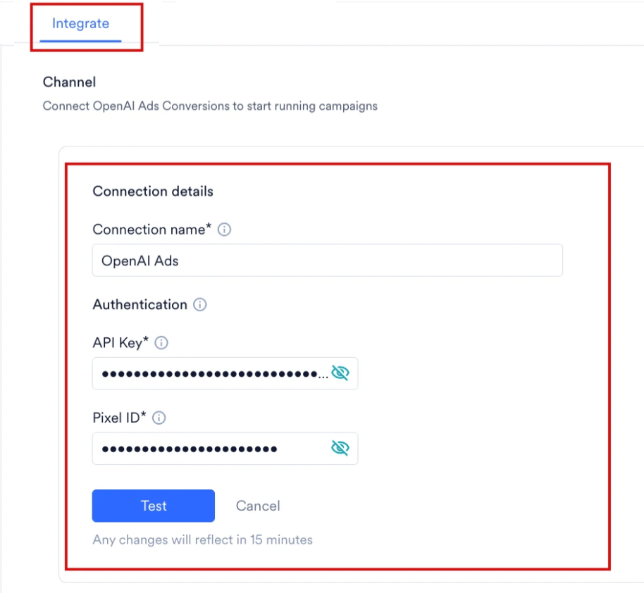 IntegrateタブのConnection details フォーム。Connection name、API Key、Pixel IDフィールドとTestボタンが表示されています