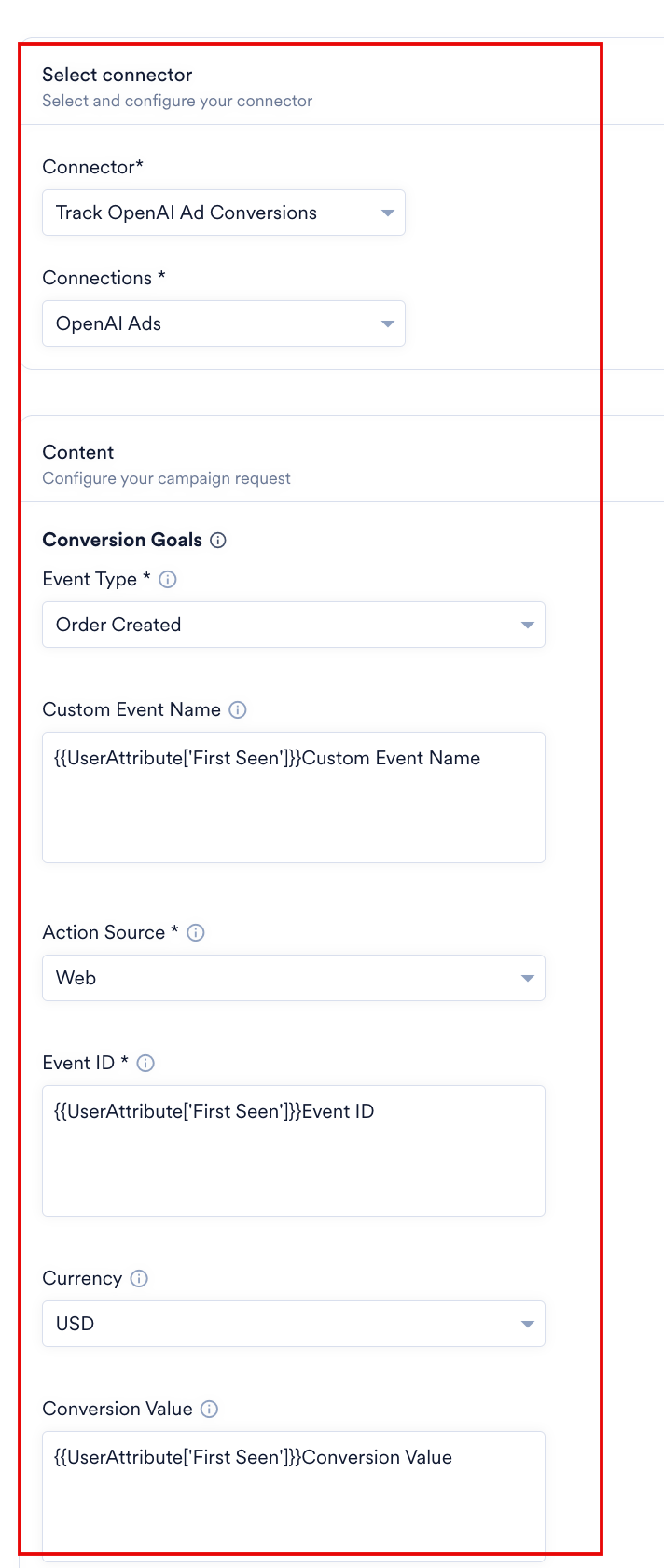 Select connectorセクションとConversion Goalsフィールド。選択されたコネクタとEvent Type、Action Source、Event ID、Currencyが表示されています