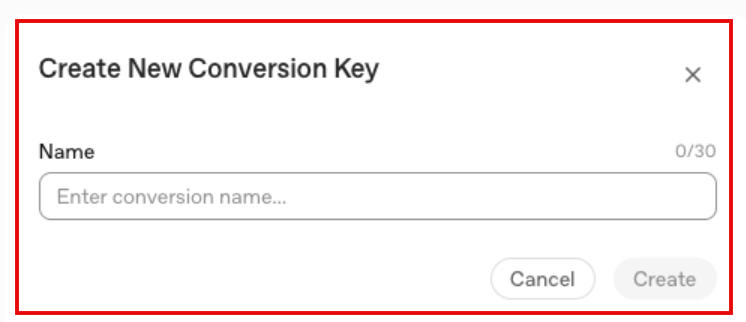 NameボックスとCreateボタンを含むCreate New Conversion Keyダイアログボックス