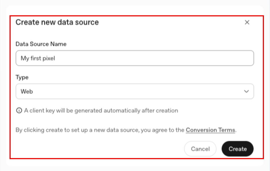 Data Source Nameボックス、Webに設定されたTypeリスト、Createボタンを含むCreate new data sourceダイアログボックス