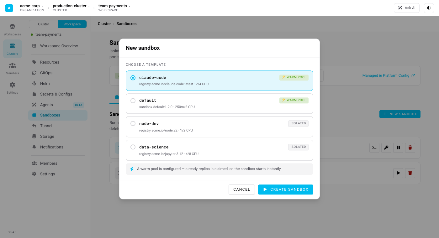 The New sandbox dialog with a template picker marking which templates are warm-pool backed versus isolated.