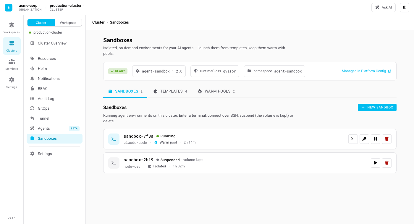 The Sandboxes area on a cluster, showing running agent sandboxes with inline terminal, SSH, suspend, and delete actions.