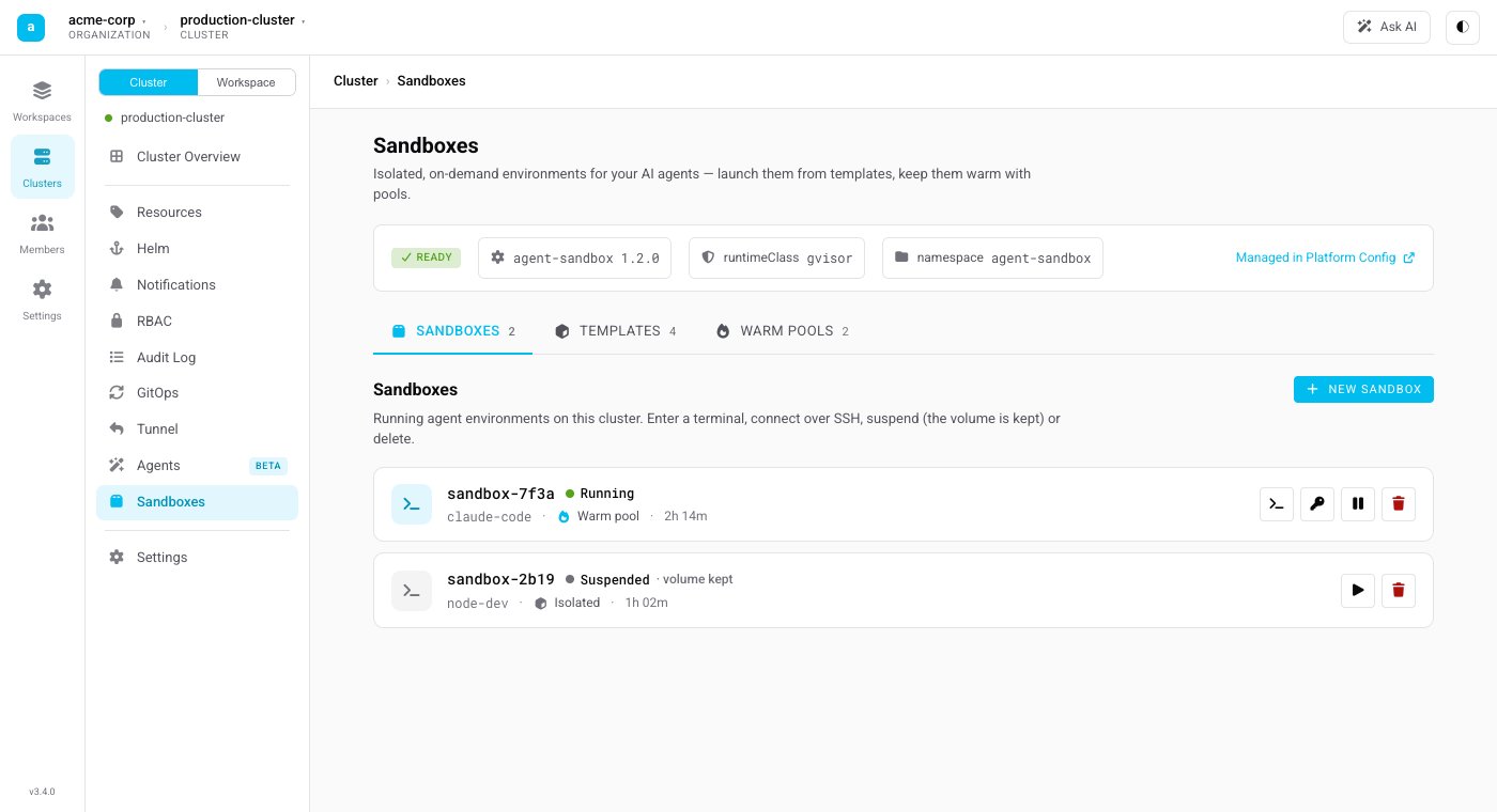 The Sandboxes area on a cluster, showing running agent sandboxes with inline terminal, SSH, suspend, and delete actions.