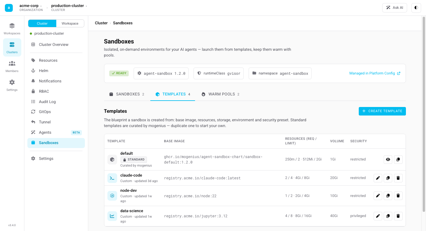 The Sandbox Templates list showing standard and custom templates with image, resources, volume, and security columns.